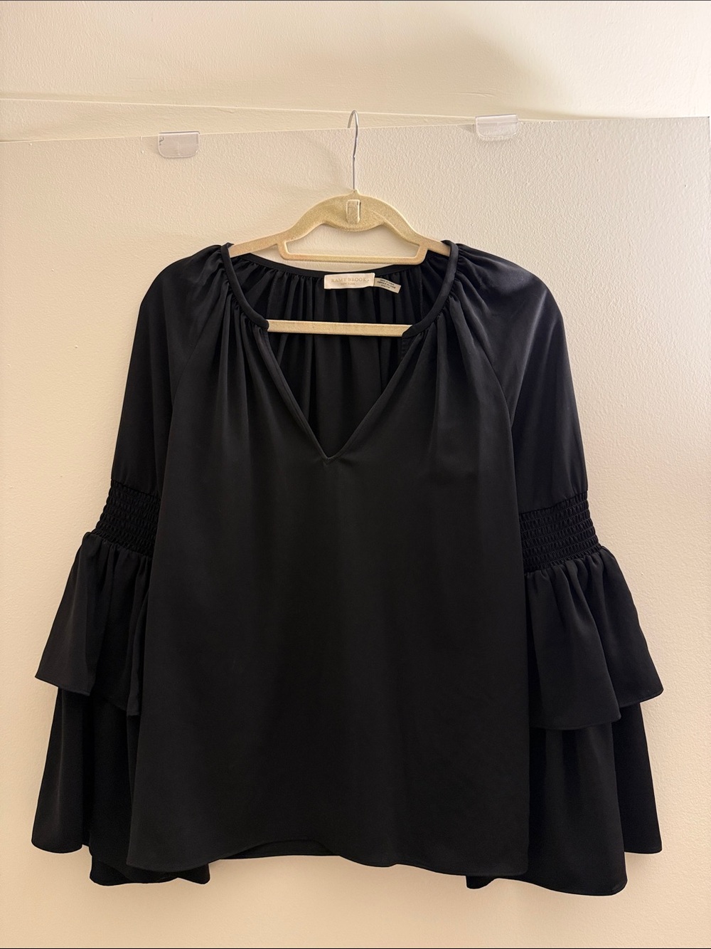 Ramy Brook Black V-Neck Blouse with Smocked Tier Sleeves